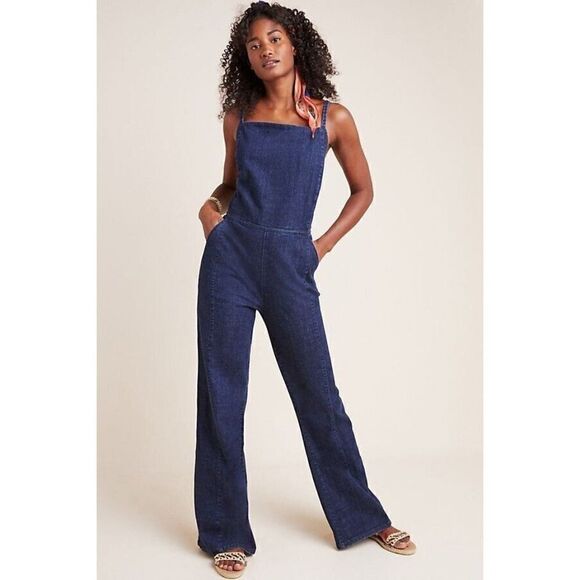 NEW ANTHROPOLOGIE X ELLA MOSS Sz 25 CYPRESS DENIM ONE PIECE WIDE LEG JUMPSUIT - Picture 1 of 3